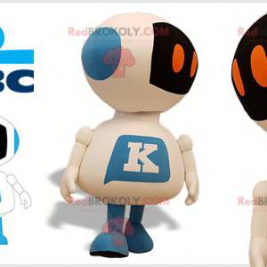 Mascot reusachtige witte en blauwe robot. KBC-mascotte -